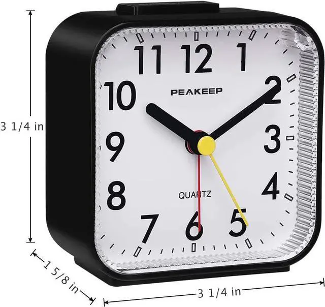 Alt view image 7 of 7 - Peakeep Small Battery Operated Analog Travel Alarm Clock Silent No Ticking, Lighted on Demand and Snooze, Beep Sounds, Gentle Wake, Ascending Alarm, Easy Set (Black)