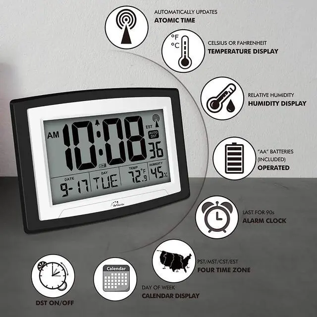 Alt view image 6 of 6 - WallarGe Atomic Clock with Indoor Temperature and Humidity, 12.5 Inch Self-Setting Digital Wall Clock or Desk Clock, Battery Operated Digital Clock Large Display for Seniors, Auto DST