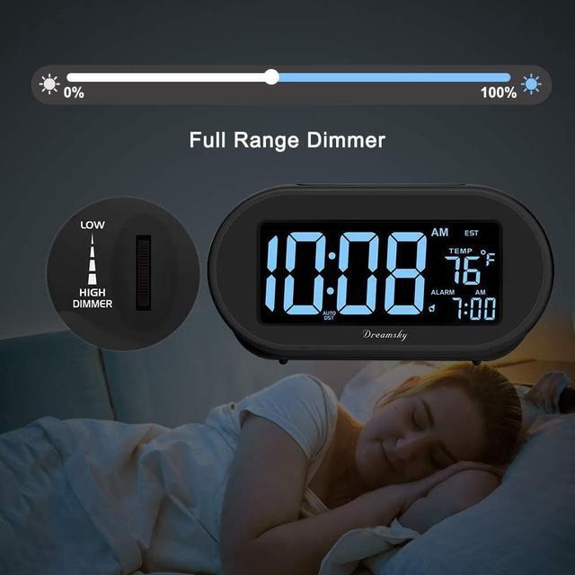 Alt view image 4 of 7 - DreamSky Auto Set Alarm Clock for Bedroom, Digital Desk Clock with 0-100% Dimmable Brightness Dimmer, Auto DST, Date, Temperature, USB Ports, Snooze, Electric Bedside Clock Nightstand
