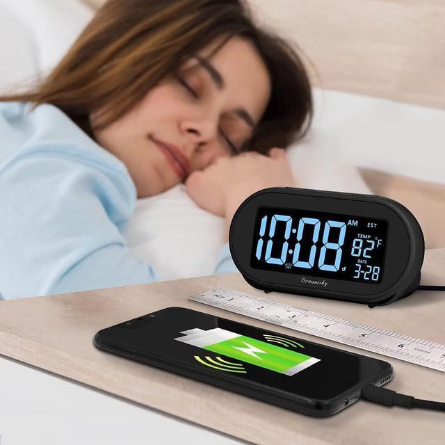 Alt view image 3 of 7 - DreamSky Auto Set Alarm Clock for Bedroom, Digital Desk Clock with 0-100% Dimmable Brightness Dimmer, Auto DST, Date, Temperature, USB Ports, Snooze, Electric Bedside Clock Nightstand