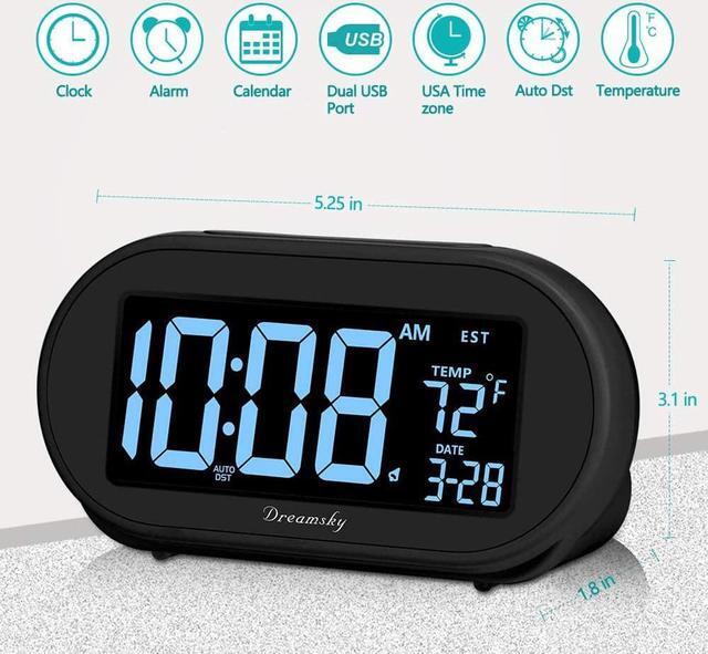 Alt view image 7 of 7 - DreamSky Auto Set Alarm Clock for Bedroom, Digital Desk Clock with 0-100% Dimmable Brightness Dimmer, Auto DST, Date, Temperature, USB Ports, Snooze, Electric Bedside Clock Nightstand