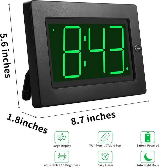 Alt view image 2 of 7 - KWANWA Alarm Clock, Wall Clock, Digital Clock, 3" LED Digit Display, Battery Operated, Adjustable Brightness, Auto Night Mode, Auto Alarm Volume Increasing, Wall-Mount & Table-top