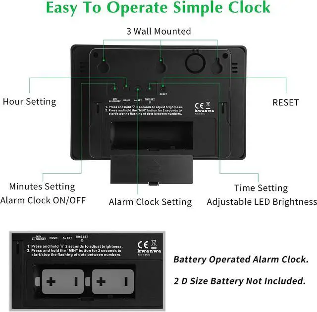 Alt view image 3 of 7 - KWANWA Alarm Clock, Wall Clock, Digital Clock, 3" LED Digit Display, Battery Operated, Adjustable Brightness, Auto Night Mode, Auto Alarm Volume Increasing, Wall-Mount & Table-top