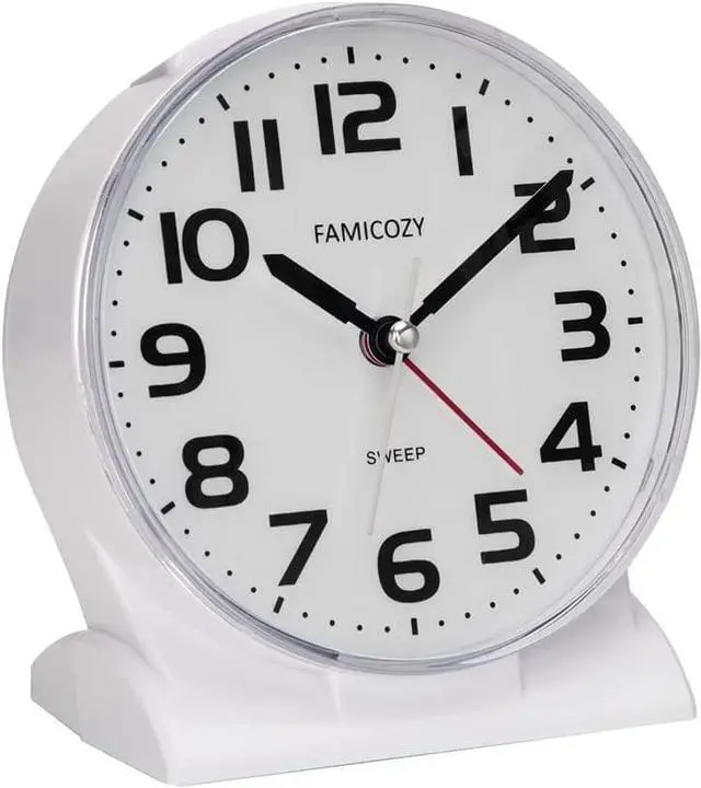 Main image of FAMICOZY 4.5" No Ticking Analog Alarm Clock,Silent Readable for Seniors,Easy to Set,Gradual Rise Alarm,Big Numbers,On/Off Switch on Side,Gentle Wake,Snooze Soft Backlight,Battery Operated,White