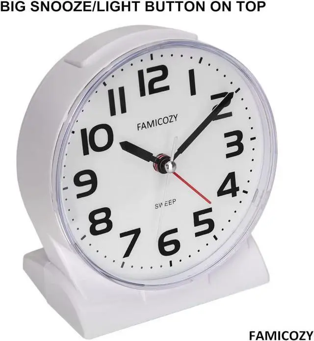 Alt view image 4 of 7 - FAMICOZY 4.5" No Ticking Analog Alarm Clock,Silent Readable for Seniors,Easy to Set,Gradual Rise Alarm,Big Numbers,On/Off Switch on Side,Gentle Wake,Snooze Soft Backlight,Battery Operated,White
