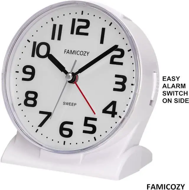 Alt view image 3 of 7 - FAMICOZY 4.5" No Ticking Analog Alarm Clock,Silent Readable for Seniors,Easy to Set,Gradual Rise Alarm,Big Numbers,On/Off Switch on Side,Gentle Wake,Snooze Soft Backlight,Battery Operated,White