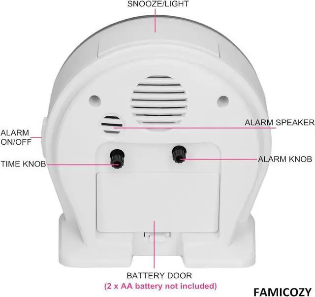 Alt view image 6 of 7 - FAMICOZY 4.5" No Ticking Analog Alarm Clock,Silent Readable for Seniors,Easy to Set,Gradual Rise Alarm,Big Numbers,On/Off Switch on Side,Gentle Wake,Snooze Soft Backlight,Battery Operated,White