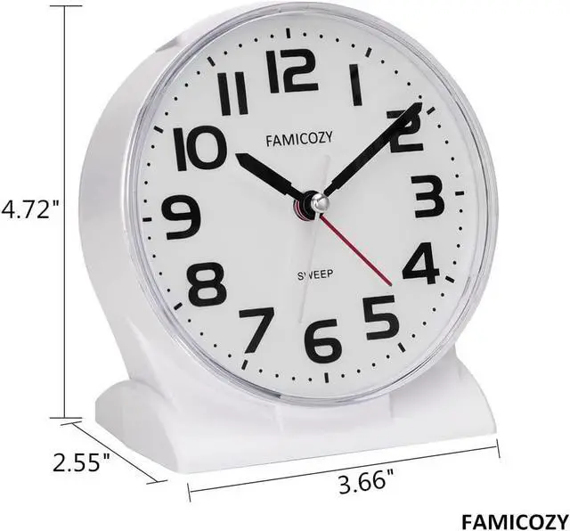 Alt view image 7 of 7 - FAMICOZY 4.5" No Ticking Analog Alarm Clock,Silent Readable for Seniors,Easy to Set,Gradual Rise Alarm,Big Numbers,On/Off Switch on Side,Gentle Wake,Snooze Soft Backlight,Battery Operated,White