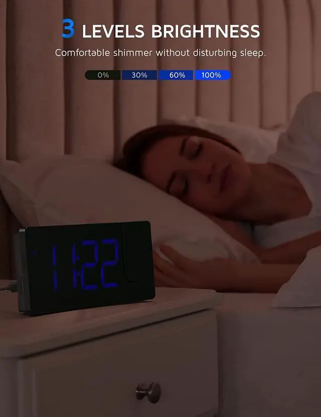 Alt view image 4 of 7 - Projection Alarm Clock, Digital Clock with 180° Rotatable Projector, 3-Level Brightness Dimmer, Clear LED Display, USB Charger, Progressive Volume, 9mins Snooze,12/24H, Digital Alarm Clock for Bedroom