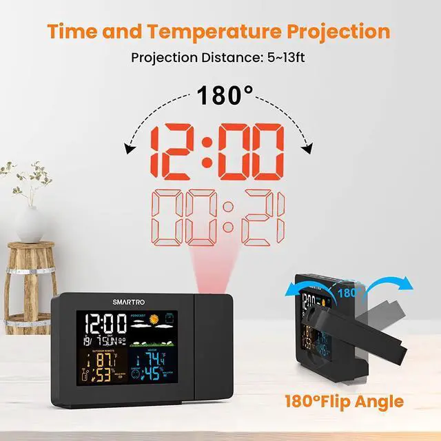 Alt view image 2 of 7 - SMARTRO SC91 Projection Alarm Clock for Bedrooms with Weather Station, Wireless Indoor Outdoor Thermometer, Temperature Humidity Monitor Gauge Hygrometer