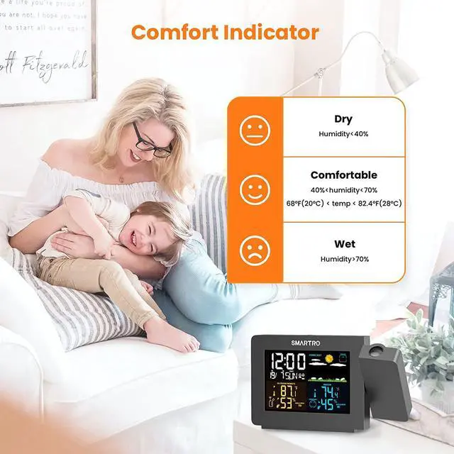 Alt view image 4 of 7 - SMARTRO SC91 Projection Alarm Clock for Bedrooms with Weather Station, Wireless Indoor Outdoor Thermometer, Temperature Humidity Monitor Gauge Hygrometer