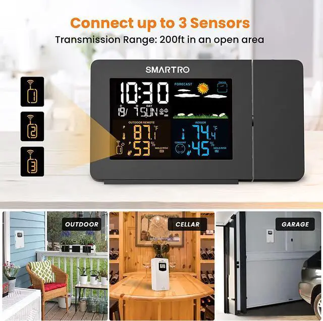 Alt view image 5 of 7 - SMARTRO SC91 Projection Alarm Clock for Bedrooms with Weather Station, Wireless Indoor Outdoor Thermometer, Temperature Humidity Monitor Gauge Hygrometer