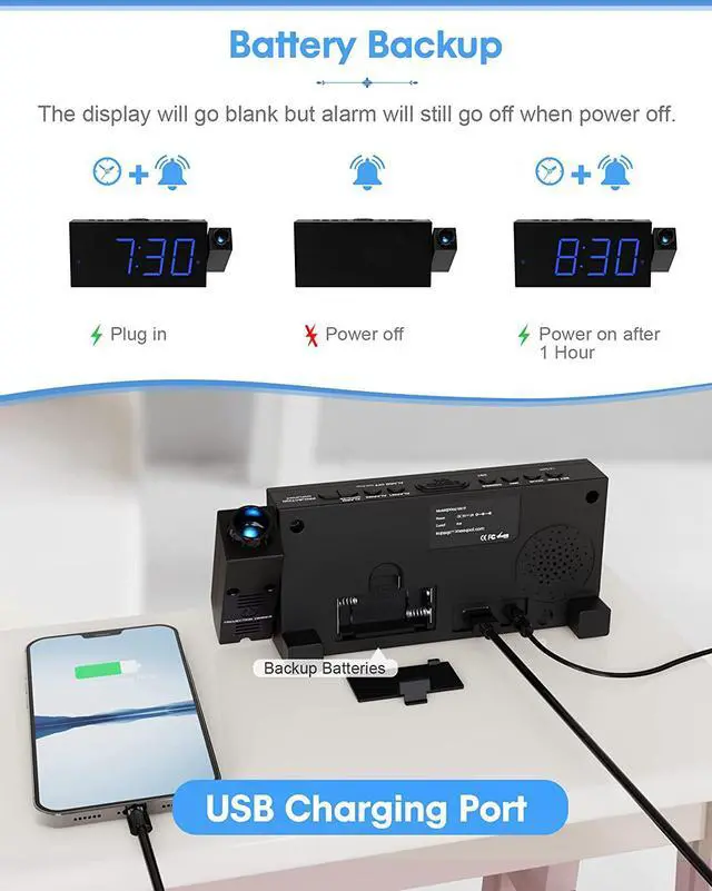 Alt view image 4 of 7 - Digital Projection Alarm Clock for Bedroom, Large LED Alarm Clock with 350° Projector on Ceiling Wall, Projection Dimmer, USB Charger, Battery Backup Loud Dual Alarm Clock for Kids Elderly