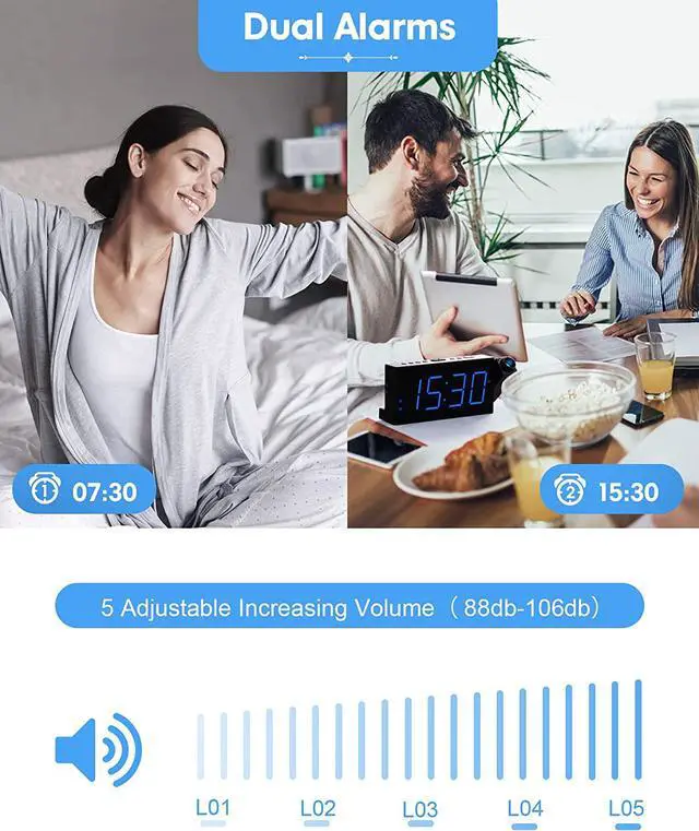 Alt view image 3 of 7 - Digital Projection Alarm Clock for Bedroom, Large LED Alarm Clock with 350° Projector on Ceiling Wall, Projection Dimmer, USB Charger, Battery Backup Loud Dual Alarm Clock for Kids Elderly