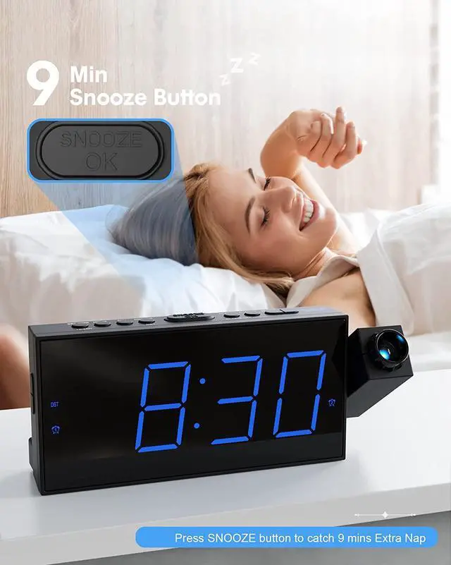 Alt view image 6 of 7 - Digital Projection Alarm Clock for Bedroom, Large LED Alarm Clock with 350° Projector on Ceiling Wall, Projection Dimmer, USB Charger, Battery Backup Loud Dual Alarm Clock for Kids Elderly