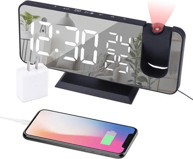 Main image of Projection Alarm Clock for Bedroom Ceiling Digital Radio with USB Charger Ports, 7.3" Large LED Screen, 4 Dimmer, Dual Alarm Clock with 2 Sounds, Snooze, Black