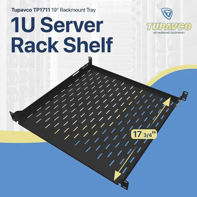 Alt view image 2 of 7 - 1U Server Rack Shelf - 19" Rackmount Tray - 17.7" (450mm) Deep 4-Post Fixed Mount for Computer Network/AV/IT Equipment Cabinet Enclosure - Vented for Maximum Airflow (Black) - Tupavco TP1711