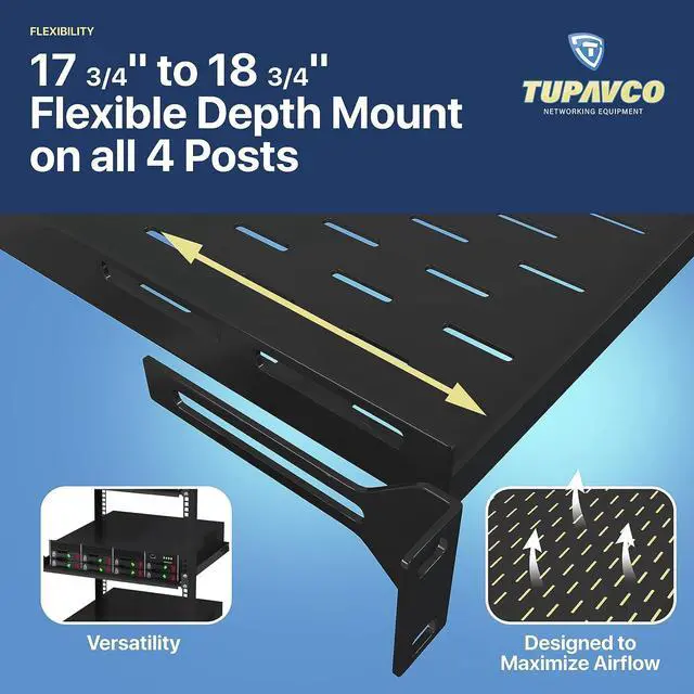 Alt view image 4 of 7 - 1U Server Rack Shelf - 19" Rackmount Tray - 17.7" (450mm) Deep 4-Post Fixed Mount for Computer Network/AV/IT Equipment Cabinet Enclosure - Vented for Maximum Airflow (Black) - Tupavco TP1711