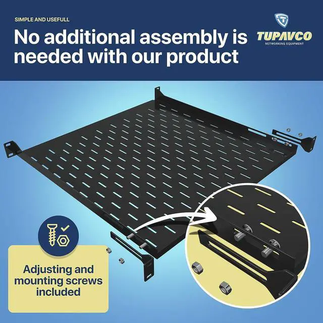 Alt view image 6 of 7 - 1U Server Rack Shelf - 19" Rackmount Tray - 17.7" (450mm) Deep 4-Post Fixed Mount for Computer Network/AV/IT Equipment Cabinet Enclosure - Vented for Maximum Airflow (Black) - Tupavco TP1711