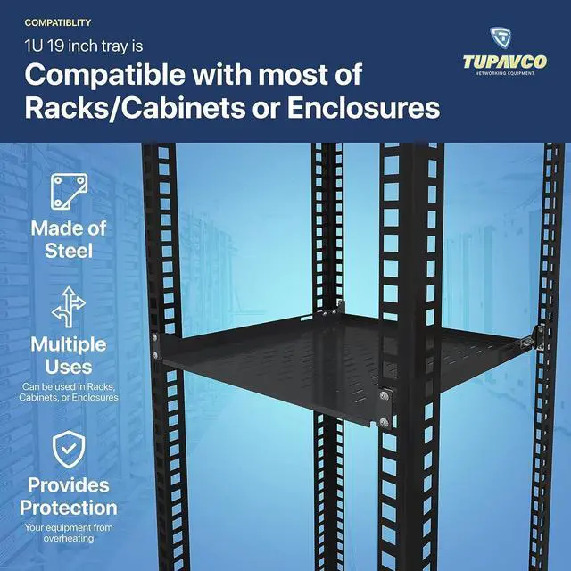 Alt view image 5 of 7 - 1U Server Rack Shelf - 19" Rackmount Tray - 17.7" (450mm) Deep 4-Post Fixed Mount for Computer Network/AV/IT Equipment Cabinet Enclosure - Vented for Maximum Airflow (Black) - Tupavco TP1711