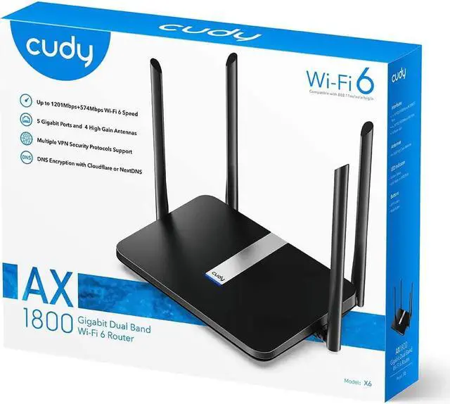 Alt view image 7 of 7 - Cudy 2023 New AX 1800Mbps WiFi 6 Mesh Router, AX1800 2.4G 5G Gigabit Wireless Internet Router for Home and Office, Gaming, VPN Router, OpenWRT, OpenVPN, Long Range, X6