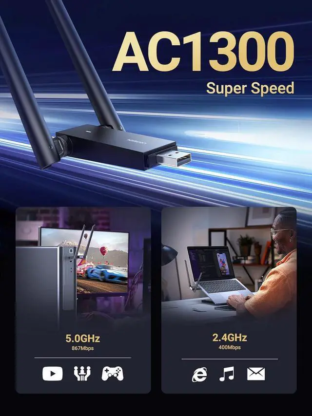 Alt view image 2 of 7 - UGREEN USB WiFi Adapter, WiFi Adapter with AC1300 5dBi High Gain Dual Antennas, 5G/2.4G Dual Band, 164ft Wide Range, USB 3.0 WiFi Adapter for Desktop PC Laptop, Support Windows 11/10/8.1/8/7