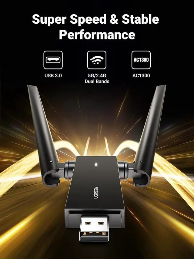 Alt view image 7 of 7 - UGREEN USB WiFi Adapter, WiFi Adapter with AC1300 5dBi High Gain Dual Antennas, 5G/2.4G Dual Band, 164ft Wide Range, USB 3.0 WiFi Adapter for Desktop PC Laptop, Support Windows 11/10/8.1/8/7