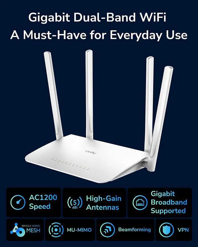 Alt view image 3 of 7 - Cudy AC1200 Gigabit WiFi Router(WR1300), Dual Band MU-MIMO Wireless Internet Router, 4 x Antennas, VPN, Guest WiFi and AP Mode, Long Range Coverage