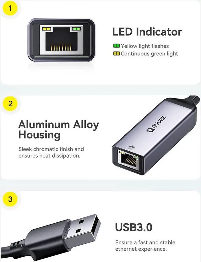 Alt view image 4 of 6 - USB to Ethernet Adapter, Plug & Play USB 3.0 to 1000 Gigabit RJ45 LAN Ethernet Adapter for Laptop, Aluminium Portable USB Network Adapter Compatible for Nintendo Switch MacBook PC Mac Window - QUUGE