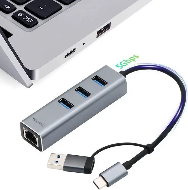 Main image of USB C to Ethernet Adapter YICORPS 3 Port USB 3.0 Expander Hub to RJ45 LAN with Gigabit Ethernet LAN Adapter for MacBook/Windows 10/8.1/Surface Pro/Chromebook/Linux and More Laptop