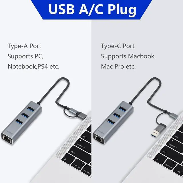 Alt view image 2 of 6 - USB C to Ethernet Adapter YICORPS 3 Port USB 3.0 Expander Hub to RJ45 LAN with Gigabit Ethernet LAN Adapter for MacBook/Windows 10/8.1/Surface Pro/Chromebook/Linux and More Laptop