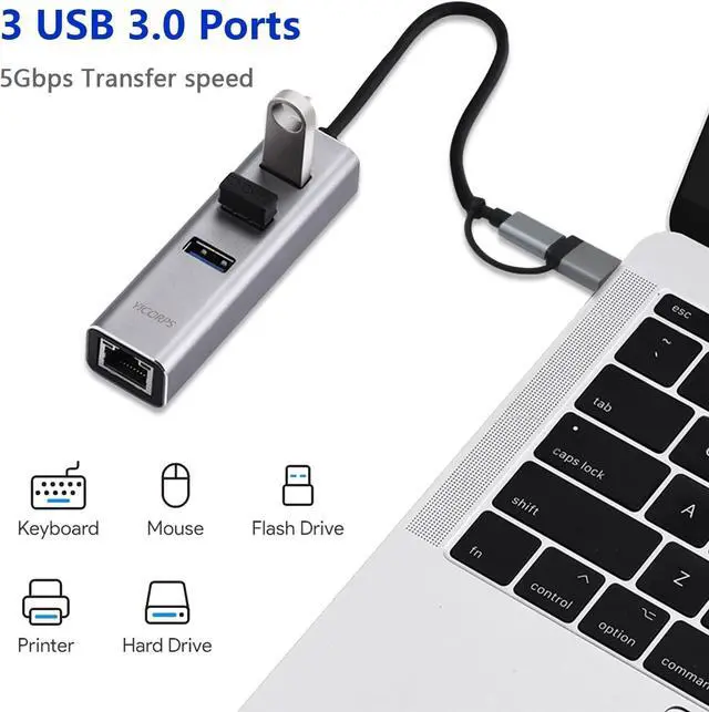 Alt view image 4 of 6 - USB C to Ethernet Adapter YICORPS 3 Port USB 3.0 Expander Hub to RJ45 LAN with Gigabit Ethernet LAN Adapter for MacBook/Windows 10/8.1/Surface Pro/Chromebook/Linux and More Laptop