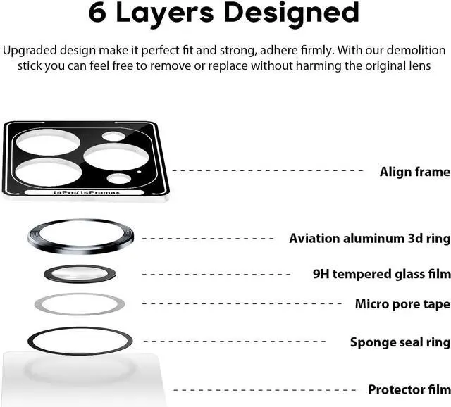 Alt view image 6 of 6 - Jeluse [3X2 Pack Camera Lens Protector for iPhone 14 Pro Max for iPhone 14 Pro, 9H Tempered Glass Screen Protector Cover [Alignment Kit Eazy installation] Metal Individual Ring