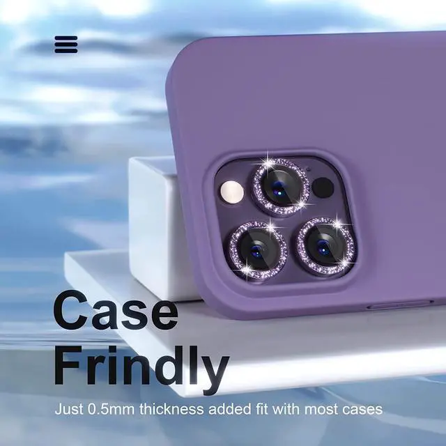 Alt view image 5 of 7 - Misea [3+1] for iPhone 14 Pro/iPhone 14 Pro Max Camera Lens Protector Bling, 9H Tempered Glass Camera Cover Screen Protector Metal Individual Ring Protector Decoration Accessories, Purple Glitter