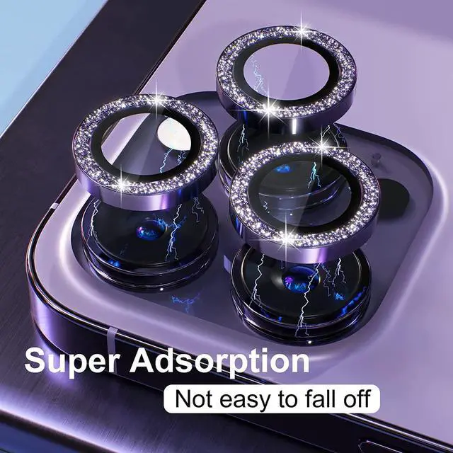 Alt view image 6 of 7 - Misea [3+1] for iPhone 14 Pro/iPhone 14 Pro Max Camera Lens Protector Bling, 9H Tempered Glass Camera Cover Screen Protector Metal Individual Ring Protector Decoration Accessories, Purple Glitter