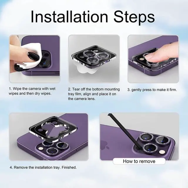 Alt view image 7 of 7 - Misea [3+1] for iPhone 14 Pro/iPhone 14 Pro Max Camera Lens Protector Bling, 9H Tempered Glass Camera Cover Screen Protector Metal Individual Ring Protector Decoration Accessories, Purple Glitter