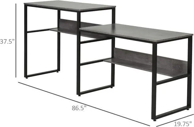 Alt view image 3 of 7 - HOMCOM 86.5 Inch Two Person Desk Double Computer Table Writing Desk with Open Shelves Long Storage Workstation for Home Office Gray