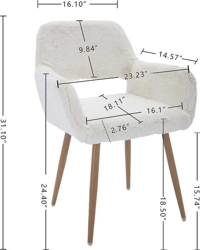 Alt view image 3 of 7 - KCC Furry Desk Chair, Mid-Century Modern Accent Comfy Armchair with Faux Fur for Teen Girls, Wood Look Metal Legs Living Dining Room, Home Vanity Makeup Office No Wheel, White.