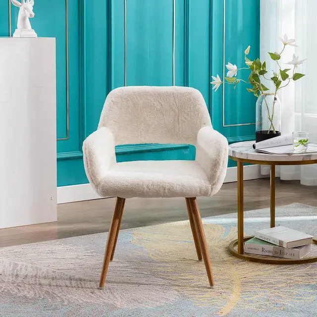 Alt view image 5 of 7 - KCC Furry Desk Chair, Mid-Century Modern Accent Comfy Armchair with Faux Fur for Teen Girls, Wood Look Metal Legs Living Dining Room, Home Vanity Makeup Office No Wheel, White.