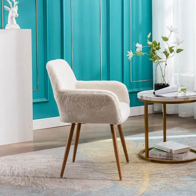 Alt view image 6 of 7 - KCC Furry Desk Chair, Mid-Century Modern Accent Comfy Armchair with Faux Fur for Teen Girls, Wood Look Metal Legs Living Dining Room, Home Vanity Makeup Office No Wheel, White.