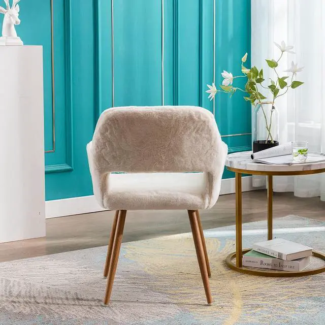 Alt view image 7 of 7 - KCC Furry Desk Chair, Mid-Century Modern Accent Comfy Armchair with Faux Fur for Teen Girls, Wood Look Metal Legs Living Dining Room, Home Vanity Makeup Office No Wheel, White.
