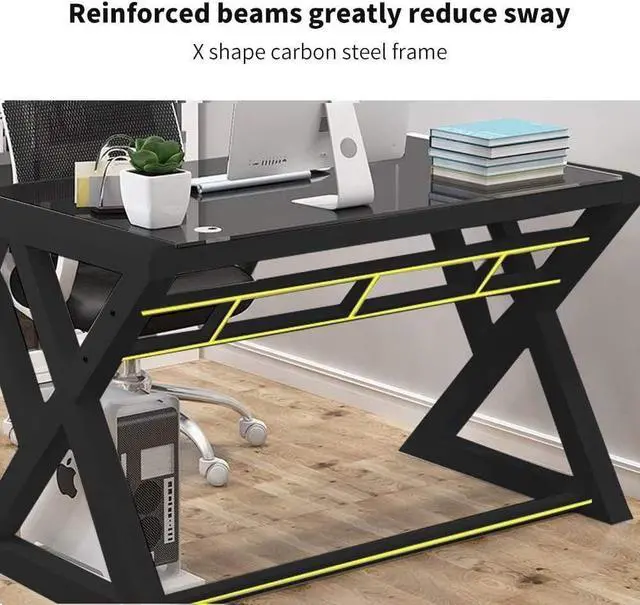 Alt view image 4 of 7 - IPKIG Glass Desk, Modern Computer Desk with Carbon Steel Frame and Glass Top, Home Office Desks Computer Table Study Writing Desk Workstation for Living Room, Black (55.1 Inch)