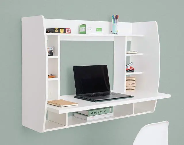 Alt view image 2 of 5 - Versatile Wall Mount Floating Computer Desk - Stylish and Space-Saving Writing Study Table with Shelves - Ideal for Living Room, Bedroom, and Home Office, White