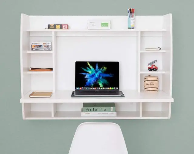 Alt view image 3 of 5 - Versatile Wall Mount Floating Computer Desk - Stylish and Space-Saving Writing Study Table with Shelves - Ideal for Living Room, Bedroom, and Home Office, White