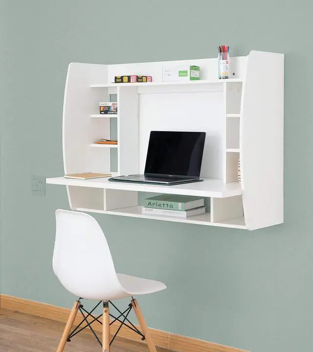 Alt view image 4 of 5 - Versatile Wall Mount Floating Computer Desk - Stylish and Space-Saving Writing Study Table with Shelves - Ideal for Living Room, Bedroom, and Home Office, White