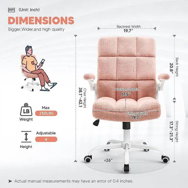 Alt view image 2 of 7 - SEATZONE Pink Office Chair Home Office Desk Chairs with Flip-up Armrest, Rolling Desk Chair with Wheels, Faux Fur Computer Chairs Adjustable Backward Tilt, Welcome to consult