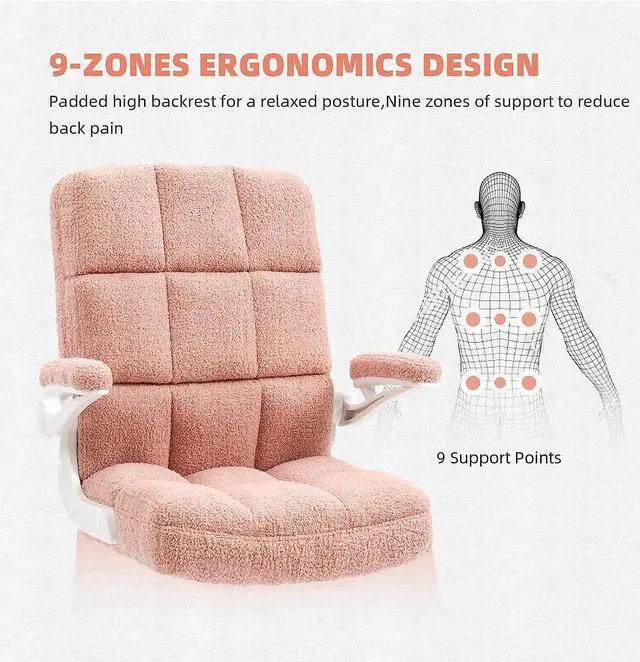 Alt view image 3 of 7 - SEATZONE Pink Office Chair Home Office Desk Chairs with Flip-up Armrest, Rolling Desk Chair with Wheels, Faux Fur Computer Chairs Adjustable Backward Tilt, Welcome to consult
