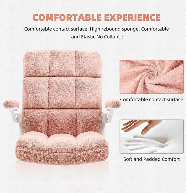 Alt view image 4 of 7 - SEATZONE Pink Office Chair Home Office Desk Chairs with Flip-up Armrest, Rolling Desk Chair with Wheels, Faux Fur Computer Chairs Adjustable Backward Tilt, Welcome to consult