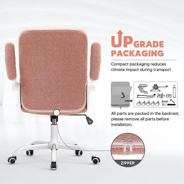 Alt view image 7 of 7 - SEATZONE Pink Office Chair Home Office Desk Chairs with Flip-up Armrest, Rolling Desk Chair with Wheels, Faux Fur Computer Chairs Adjustable Backward Tilt, Welcome to consult