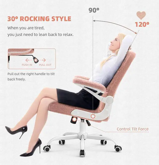 Alt view image 5 of 7 - SEATZONE Pink Office Chair Home Office Desk Chairs with Flip-up Armrest, Rolling Desk Chair with Wheels, Faux Fur Computer Chairs Adjustable Backward Tilt, Welcome to consult